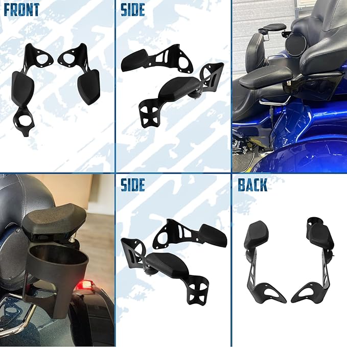 Adjustable Passenger Armrests with Cup Holder for Motorcycle Accessory Compatible with Harley Touring Electra Glide Road Glide Ultra Tri Glide 2014-2024 (Black)