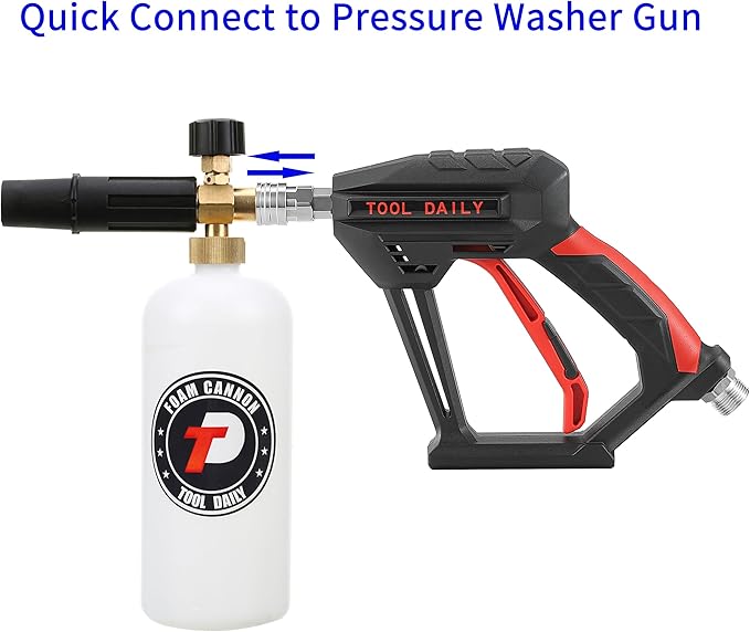 Tool Daily Short Pressure Washer Gun with Foam Cannon, 1/4 Inch Quick Connector, with 5 Pressure Washer Nozzle Tips, 1 Liter