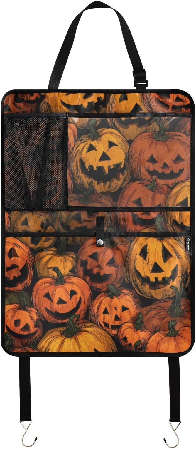 1 Pack Back Seat Car Organizer with Storage Pockets Kick Mats Back Seat Protector Hanging Car Organizer Automotive Seat Back Cover Organizers Cartoon Orange Halloween Pumpkin Lanterns