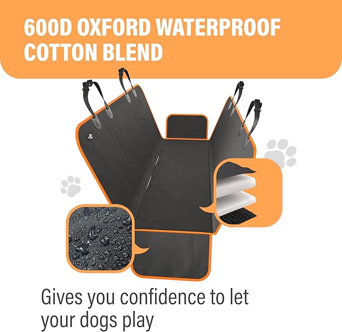 Active Pets Waterproof Hammock Standard Car Seat Cover, Fits Sedans Hatchbacks Crossovers Coupes Compact Vehicles, Secure Convertible Travel Bed Protects Backseat Cargo from Dogs, Black w/Orange Trim