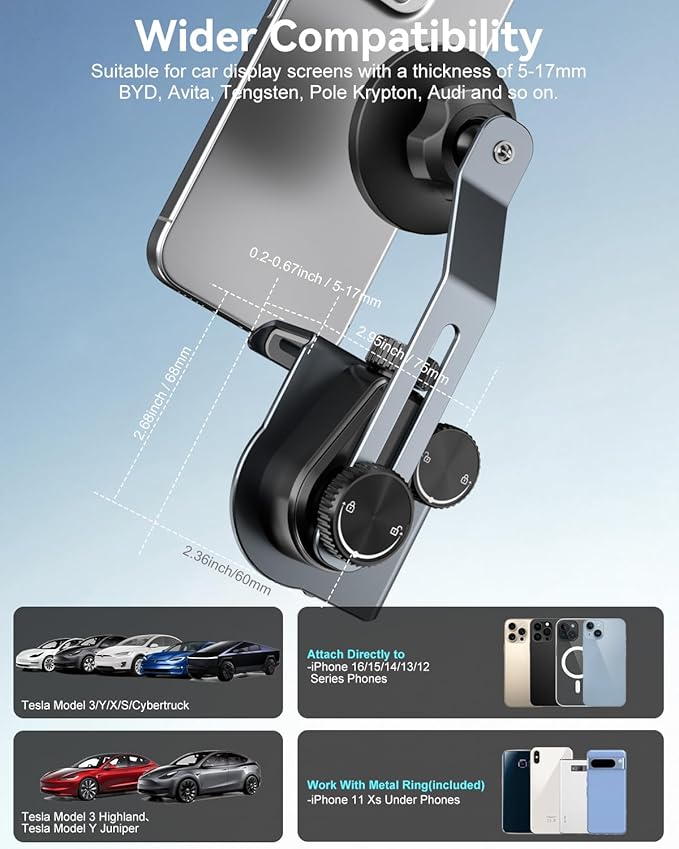 CloudValley Upgrade Phone Mount Car Holder for Tesla Model 3/ Y/Cybertruck, 【Extendable Metal Holder】 Magnetic Model Y Juniper Stand, Compatible with iPhone MagSafe 17/16/15/14/13/12,Gray