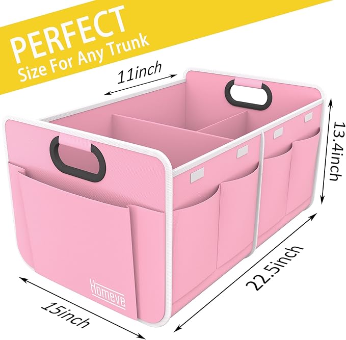 Homeve Car Trunk Organizer, Car Storage, Reinforced Handles, Collapsible Multi-Compartment Car Organizers (Pink, 2 Compart)