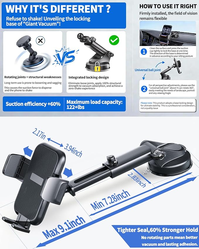 RayLink NO.1 Best Phone Holders for Your Car Ultimate Military-Grade Windshield Dashboard Vent【Upgraded Suction & Clip】 Cell Phone Mount with Patent & Safety Certs for iPhone 17 Pro Max 16 15 Samsung