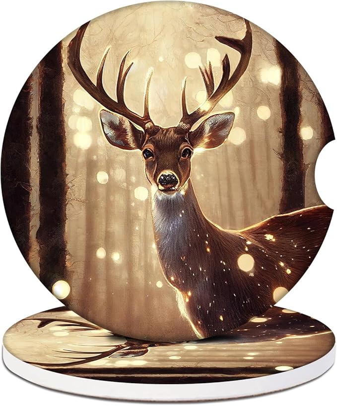 2 Pack Car Cup Holder Coasters - Forest Deer Absorbent Ceramic Coaster, Wild Life Car Coasters for Cup Holders, Car Interior Accessories for Women Men