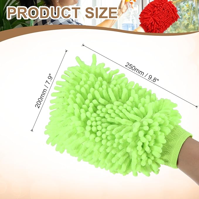 HARFINGTON 2pcs Chenille Microfiber Car Wash Mitts 9.8" x 7.9" Scratch Free Wash Gloves Absorbent Double Sided Plush Cleaning Drying Mitts for Car Washing Home Light Green