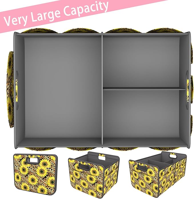 Homeve Trunk Organizer, Car Storage, Reinforced Handles, Collapsible Multi-Compartment Car Organizers, Foldable, Waterproof, 600D Oxford Polyester (Sunflower Leopard Print, 2 Compart)