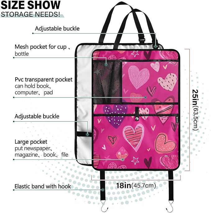 1 Pack Back Seat Car Organizer with Storage Pockets Kick Mats Back Seat Protector Hanging Car Organizer Automotive Seat Back Cover Organizers Hot Pink Doodle Hearts Stars