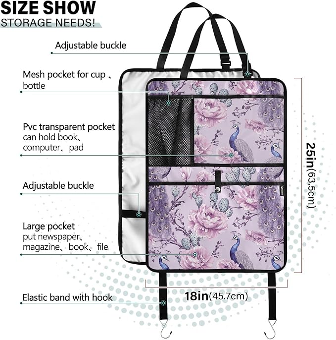 Purple Peacock and Cactus 01 2 Pack Backseat Car Organizer with Storage Pockets Seat Back Organizers for Kids Kick Mats Backseat Protector Automotive