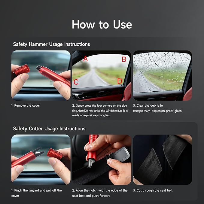 3Pcs Car Window Breaker Seatbelt Cutter, 2-in-1 Car Escape Tool, Window Breaker Glass Tool & Seatbelt Cutter, Essential Car Safety Hammer for Vehicle Emergencies