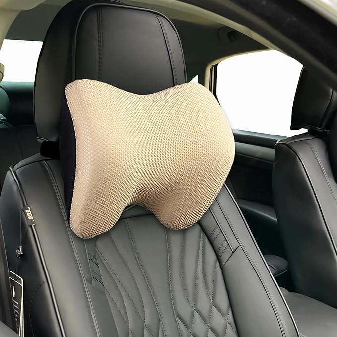 SPRFUFLY Make Restful Car Headrest Pillow, Car Pillow for Driving with Adjustable Strap, Breathable Removable Cover & Ergonomic Design - Softness Travel Car Neck Support Pillow(Beige, 1PC)