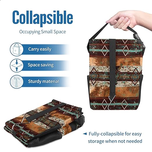 Teal Western Cow Print Car Trash Can with Lid Collapsible Reusable Waterproof Car Garage Bag,Automotive Garbage Can,Car Accessories Interior Car Organizer