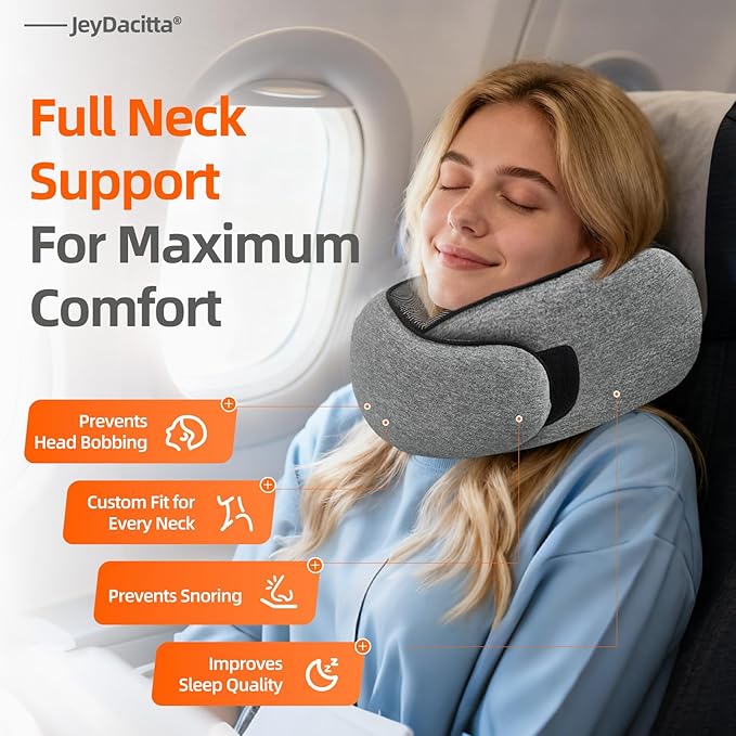 Premium Travel Pillow, Upgraded Memory Foam Neck Pillow, 360° Ergonomic Design Airplane Pillow Travel Pillows for Airplanes, Cars, Offices, Home Use, Ideal for Adults and Kids (Dark Gray)