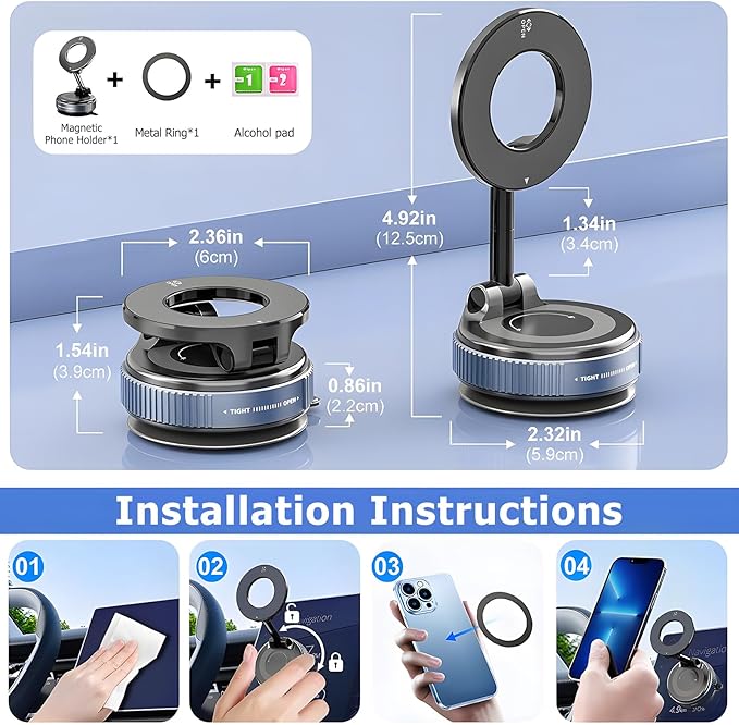 Car Phone Holder for Magsafe,Nano Gel Suction Cup Phone Mount,360° Adjustable Magnetic Phone Holder,Phone Holders for Your Car for iPhone Android Smartphones