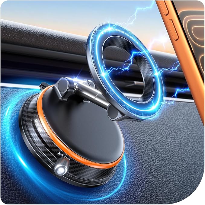 Car Phone Holder for Magsafe Car Mount [108+LBS Strongest Suction & 3000gf Magnetic] Vacuum Magnetic Phone Holders for Your Car 360° Adjustable Carbon Fiber Car Phone Mount for iPhone & Android Orange