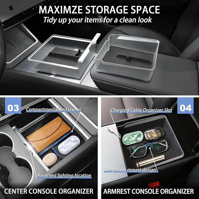 10PCS Center Console Organizer for Tesla Model Y Juniper 2025 2026 Accessories, Double Layer Center Console Trays Charger Pad Cup Holder Hidden Storage Box Armrest Cover for Model Y Juniper