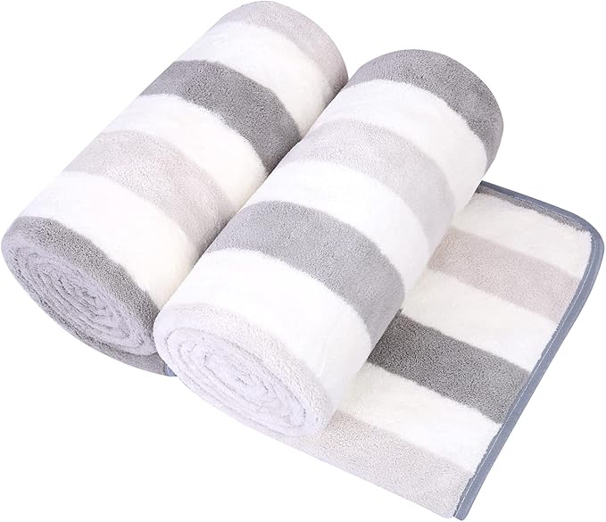 JML Microfiber Bath Towels, Large Bath Towel Set of 2, 30" x 60", Oversized, Soft, Super Absorbent, Fast Drying, Perfect for Hair Wrap, Sport, Fitness, Yoga, Cabana Stripe Grey
