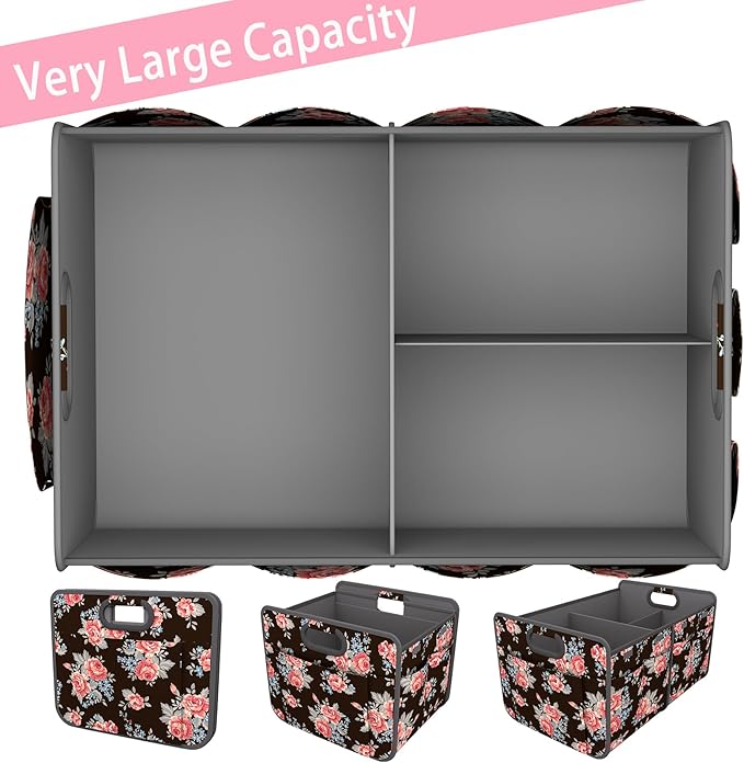 Homeve Trunk Organizer, Car Storage, Reinforced Handles, Collapsible Multi-Compartment Car Organizers, Foldable, Waterproof, 600D Oxford Polyester (Peony, 2 Compart)