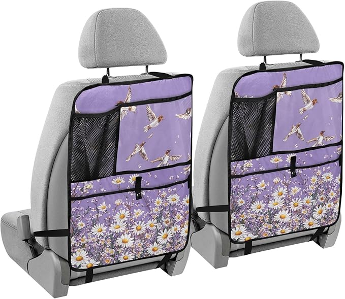 Purple Daisy Flowers and Flying Birds 1 Pack Backseat Car Organizer with Storage Pockets Seat Back Organizers for Kids Kick Mats Backseat Protector Automotive