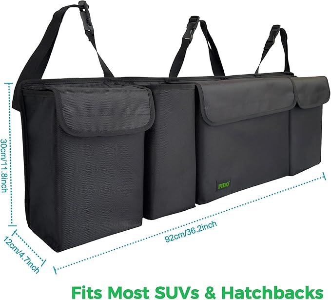PIDO Hanging Trunk Organizer, Backseat Trunk Organizer for SUV, Hanging Car Storage Bag with Large Pockets for Sedan, Truck, Van, Upgraded Premium Fabric, Space Saving Car Interior Accessory