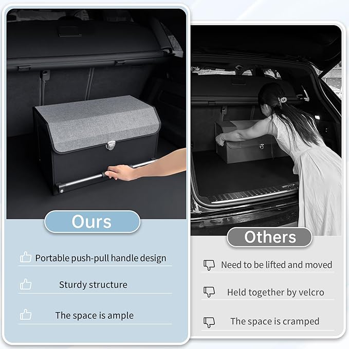 Car Trunk Organizer, Leather Trunk Organizer with Push-pull Handle and Lid Car Trunk Storage Organizer for SUV, Minivan, Truck (Grey, 20.47 x 11.42 x 12.2in)