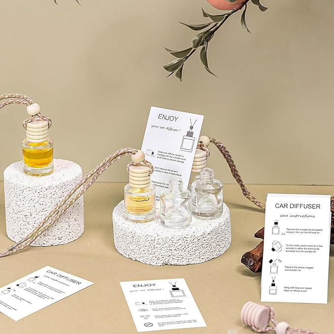 100 Sets Car Diffuser Bottles Empty Bulk Hanging Car Air Freshener Diffuser Bottles Glass Perfume Holder with Instruction Cards for Essential Oil Valentines Birthday Gifts (Cylindrical)