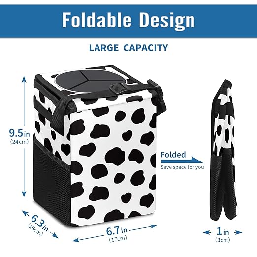 Black and White Cow Print Car Trash Can with Lid Collapsible Reusable Waterproof Car Garage Bag,Automotive Garbage Can,Car Accessories Interior Car Organizer