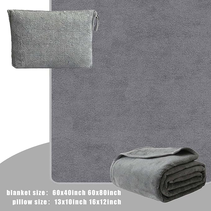 Travel Blanket and Pillow - Premium Soft 2 in 1 Airplane Compact with Soft Bag Pillowcase, Plane Blanket Compact Packable, Travel Essentials Accessories for Plane and Car, 60x80 Grey