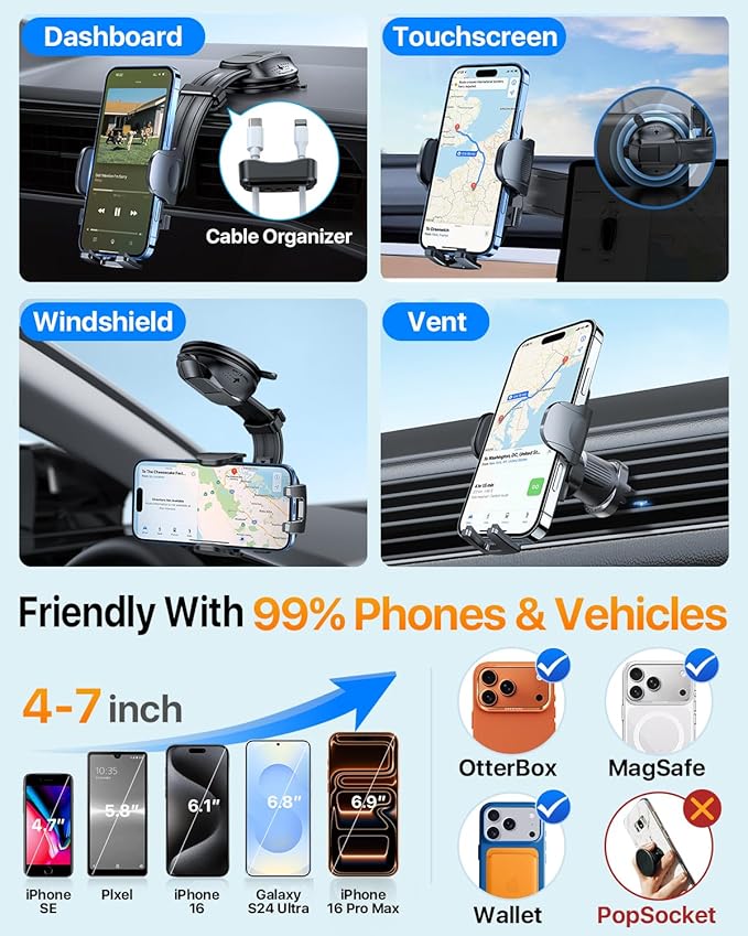 HTU Upgraded Strongest Suction Car Phone Holder Bendable Arm, Never Block View Rotatable Cellphone Mount for Dashboard Windshield Vent, Cradle Stand for iPhone 17 16 15 14 13 12 Pro Max (Red)