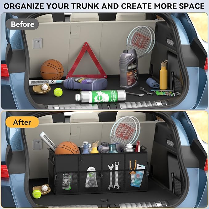 Car Trunk Organizer for SUV 60L Backseat Car Organizer Back Seat Large Storage Trunk Compartment Collapsible Car Caddy Heavy Duty Truck Storage Bin w/6 Pockets Adjustable Straps Cargo Van Jeep Sedan