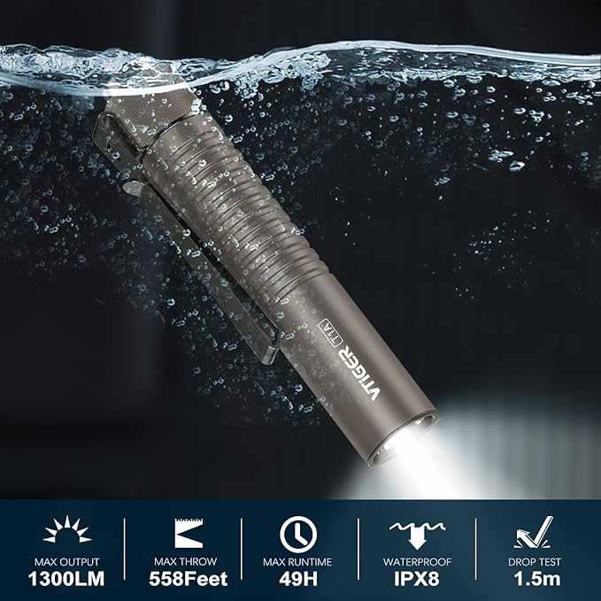 VTIGER T1A Mini Pocket EDC Flashlight with Clip,1300 Lumen Compact AA Rechargeable LED Little Flashlights, Super Bright Tail Switch Small Flash Light with Magnet for Camping,Hiking,Outdoor,Emergency