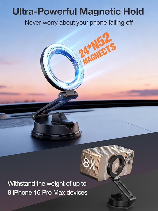 Foldable Magnetic Phone Holder for Car, 360°Rotation Cell Phone Car Mount with Strong Stable Suction, Car Phone Holder for MagSafe Compatible with iPhone 17 Pro Max 16 15 14 13 12 Plus