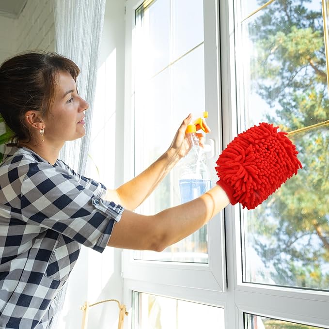 HARFINGTON Chenille Microfiber Car Wash Mitts 9.8" x 7.9" Scratch Free Wash Gloves Absorbent Double Sided Plush Cleaning Drying Mitts for Car Washing Home Orange Yellow