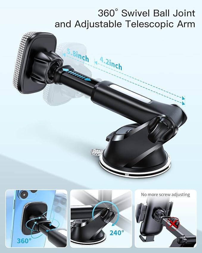 APPS2Car Magnetic Phone Holder for Car, Bling Dashboard/Windshield Sturdy Suction Cup Phone Holder, Crystal Magnetic Phone Mount[6 Strong Magnets & Adjustable Telescopic Arm] for All Smartphones