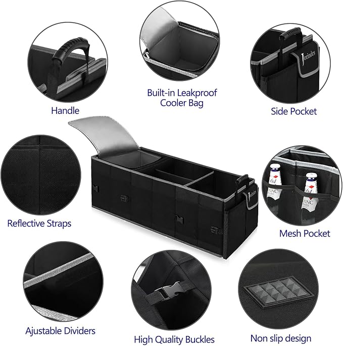 Trunk Organizer With Built-In Insulated Leak Proof Cooler Bag,Collapsible Cargo Organizer For Suv With Non Slip Bottom Strips,3 Large Compartments Foldable Waterproof Portable Car Storage Box
