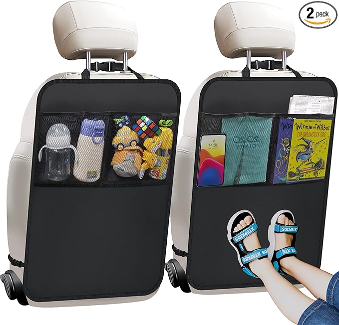 Kick Mats with Organizer - 2 Pack Backseat Protector Seat Covers for Your Car, SUV, Minivan or Truck Seats - Vehicle Back Seat Kids Safety Accessories - Universal Fit Automotive Interior Protectors