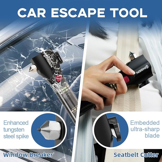 SINSEN Car Safety Hammer Flashlight, Tactical Emergency Rescue Tool, LED High Lumens Rechargeable Solar Powered Escape Kit, Window Glass Breaker and Seatbelt Cutter, Self Defense Multi-Function Torch