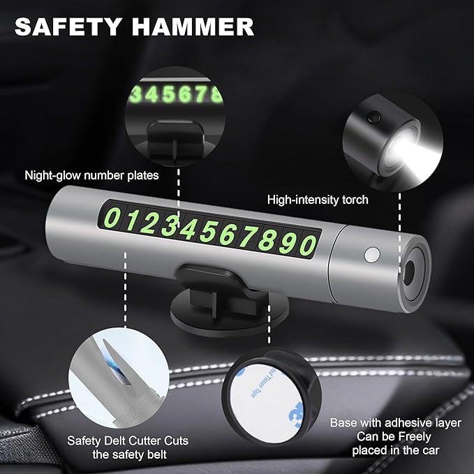 Upgraded 2026 Safe Hammer Glass Breaker Flashlight Car Parking Card, Seatbelt Cutter Window Breaker Emergency Escape Tool Glass Breaker Emergency Seat Belt Cutter (3 Pack (Blue, Red & Gray))