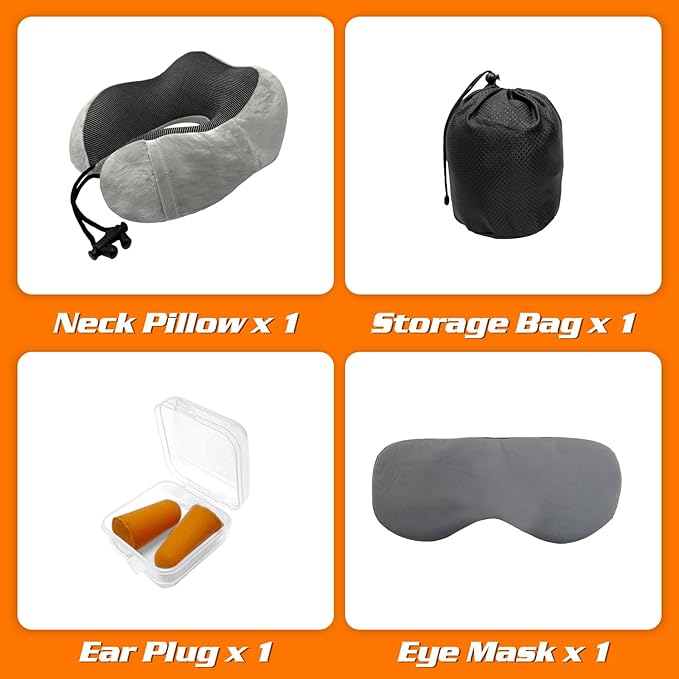 Travel Pillow 3-in-1 Memory Foam Ergonomic Neck Support Pillow for Airplanes with Ear Plugs & Eye Mask | Machine Washable Travel Pillow for Long Flights, Road Trips & Camping (grey+dark blue)