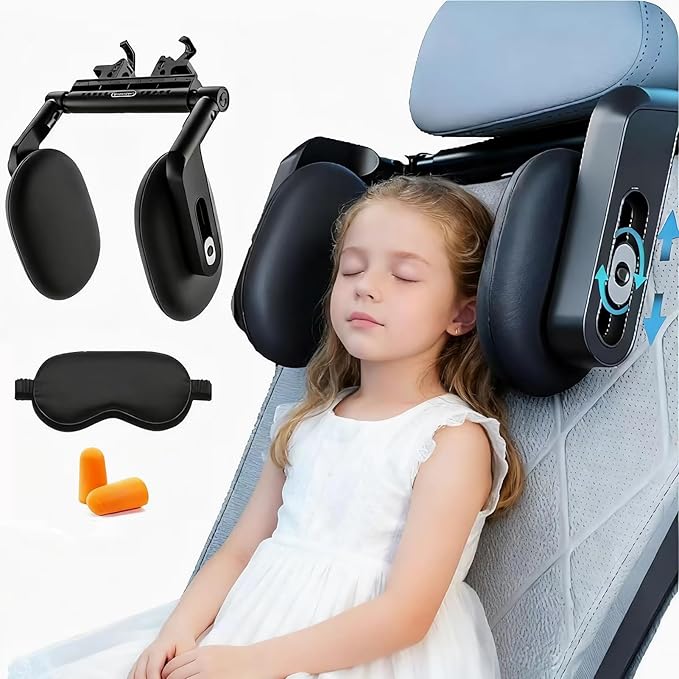 Car Headrest Pillow with Hook, Adjustable Car Seat Neck Support with Memory Foam & Ice Silk, 360° Rotating Travel Sleeping Headrest for Kids & Adults
