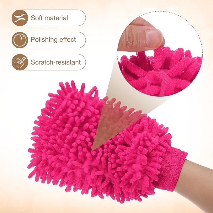 HARFINGTON Premium Chenille Microfiber Car Wash Mitts 9.8" x 7.9" Scratch Free Wash Gloves Absorbent Double Sided Plush Cleaning Drying Mitts for Car Washing Home Rose Red