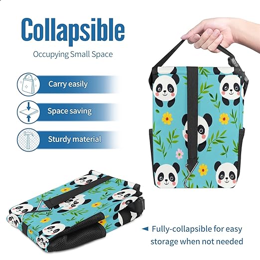 Car Trash Can with Lid, Small Portable Hanging Automotive Garbage Bin for Vehicles, Leakproof Waste Bag Container for SUV Truck Van Interior Auto Travel Road Trips(Panda and Bamboo Leaves)