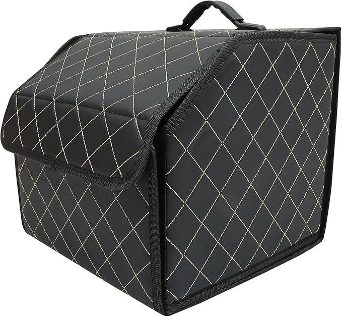 Car Trunk Leather Organizer Small Foldable Vehicle Trunk Storage Box with Grid Pattern Thread for SUV and Sedan Cargo Management