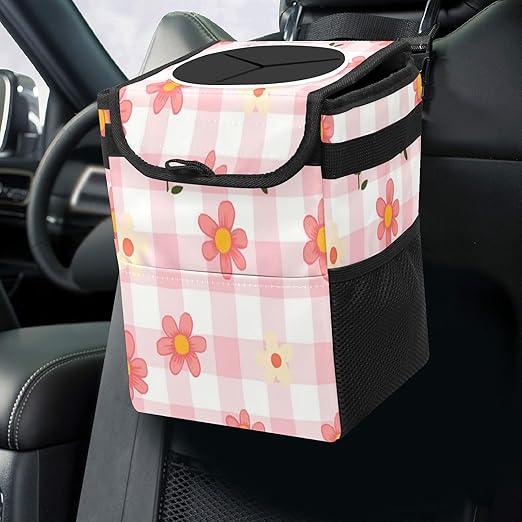 Car Trash Can with Lid, Small Portable Hanging Automotive Garbage Bin for Vehicles, Leakproof Waste Bag Container for SUV Truck Van Interior Auto Travel Road Trips(Pink Gingham)