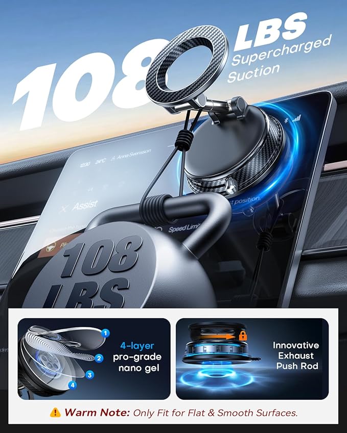 Car Phone Holder for Magsafe Car Mount [108+LBS Strongest Suction & 3000gf Magnetic] Vacuum Magnetic Phone Holders for Your Car 360° Adjustable Carbon Fiber Car Phone Mount for iPhone & Android Black