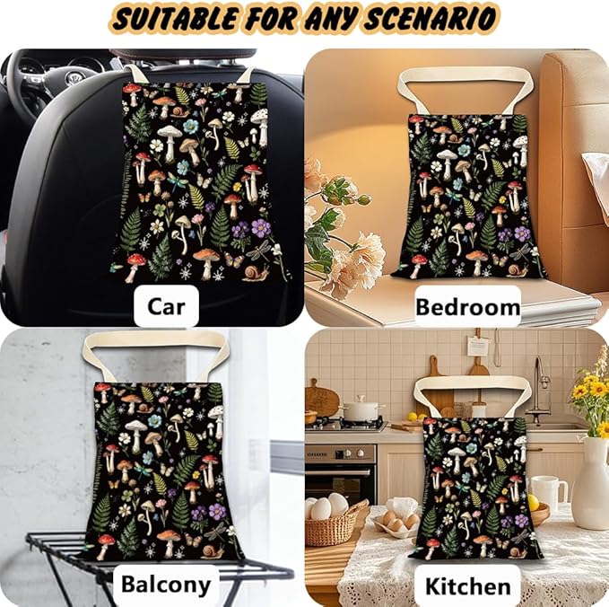 Mushroom Car Trash Can Floral Car Trash Bag Hanging Plants Snails Pattern Polyester Washable Waterproof Organizer Storage Can for Vehicle Interior Travel Accessories Reusable Leak Proof