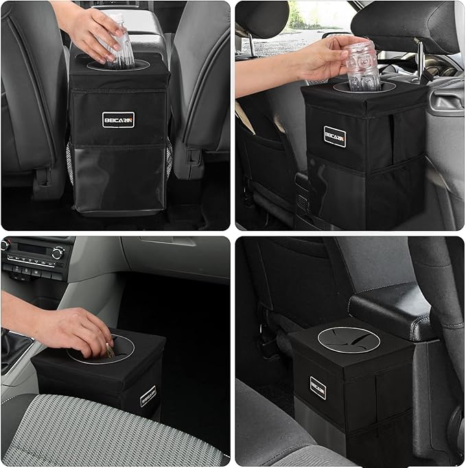 Car Trash Can with Lid - Trash Bag Hanging with Storage Pockets Leak-Proof SUV Organizer Collapsible and Portable Waterproof Truck Garbage Bin, 2.6 Gal Large Capacity Multipurpose Trash Bin for Van