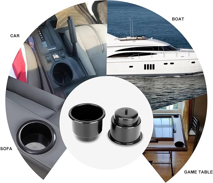(Set of 4) Amarine-Made Black Recessed Drop in Plastic Cup Drink Can Holder with Drain for Boat Car Marine Rv - Black