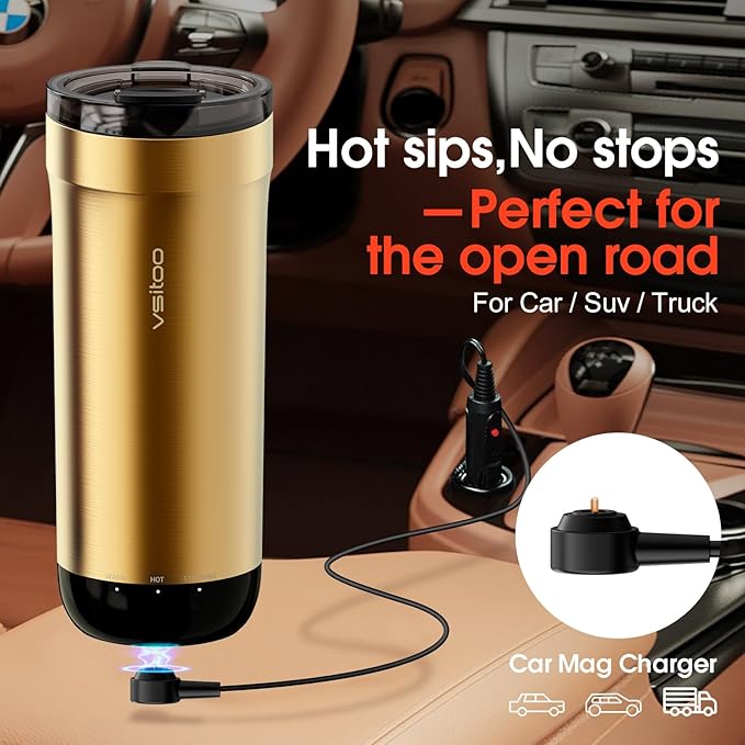 VSITOO S5 heated travel mug,16oz, Auto-Sensing AI Heats Drinks To 120-150°F Hands-Free. Temperature Control for All Cars, Perfect for Home/Office/Travel/Outdoor, Ideal Gift for Coffee Lovers - Gold