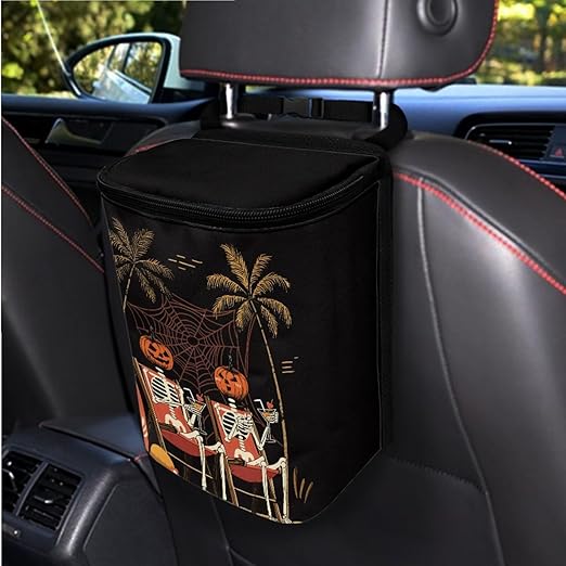 1.2 Gallons Car Trash Can for Women,Pumpkin Skull Auto Trash Can for Car, Adjustable Hanging for Tail of Console/Back of Seat, Odor-Free with Zipper Leak-Proof Lid Design, Small and Convenient