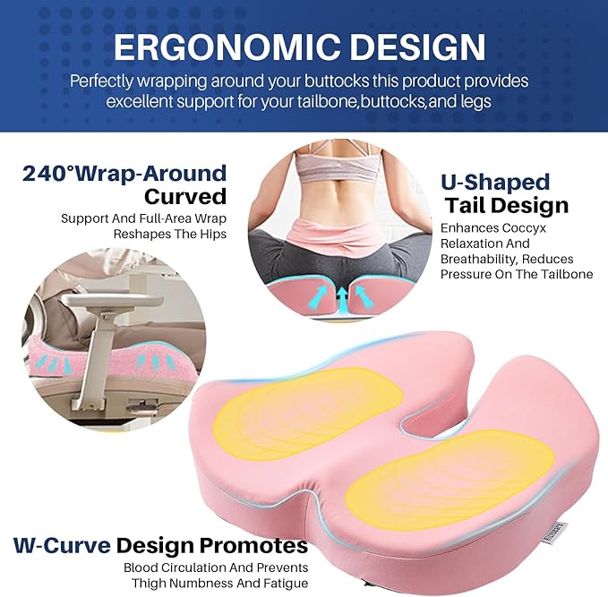X Large Memory Foam Seat Cushion for Office Chair,for Back Support, Relief Sciatica & Tailbone Coccyx Pain Relief Cushion Pillow, for Long Sitting, for Car/Office Chair/Wheelchair (Pink)